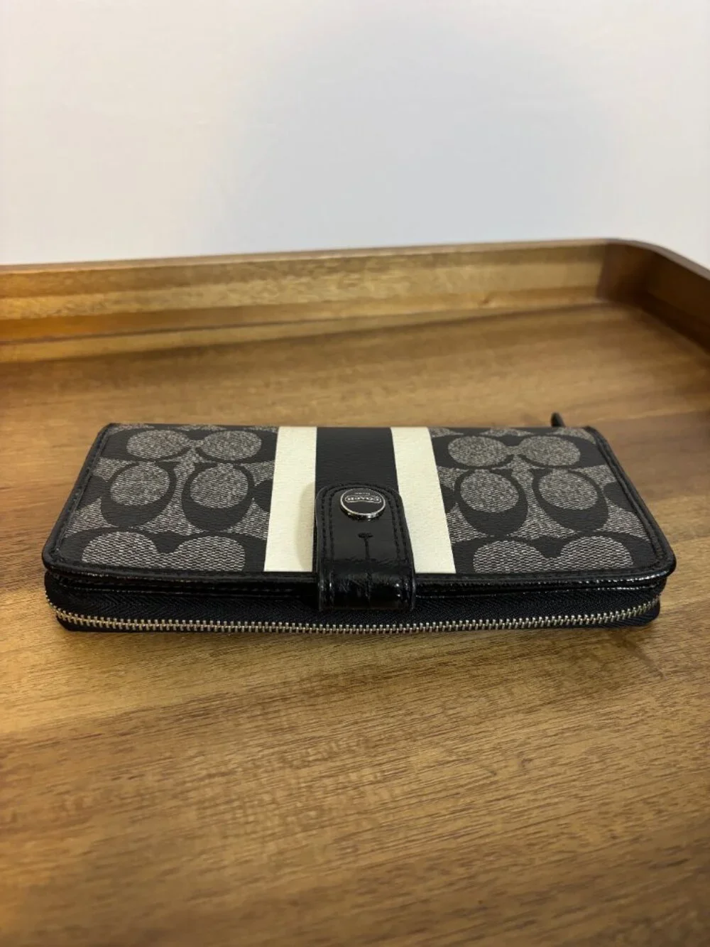 Coach Black Signature White Black Stripe Zip Around Accordion Wallet